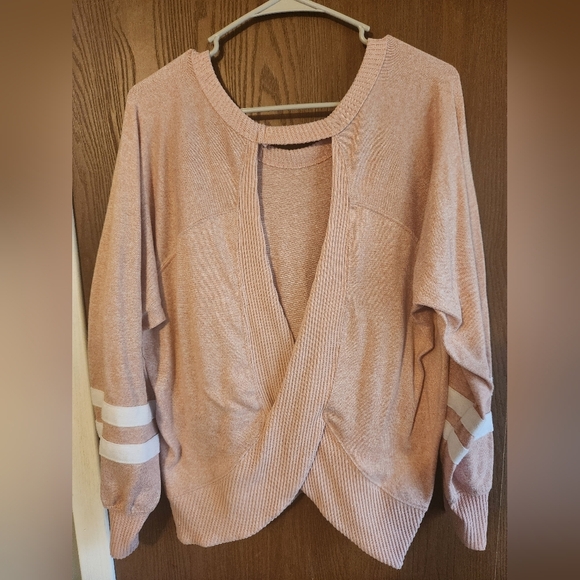 Women's Pink Sweater with White Stripes - Picture 2 of 2